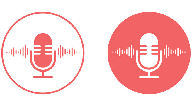 Podcast and recording microphone vector icon, featuring sound waves inside a black circle, ideal for audio streaming, music apps, broadcasting, podcast platforms