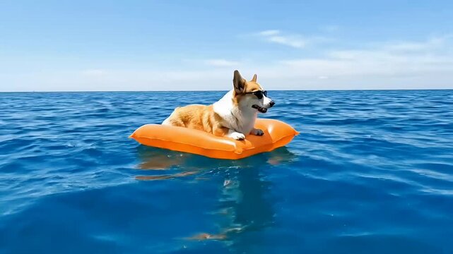 A cool Corgi dog wearing sunglasses floats on an orange inflatable raft in the vast blue ocean under a clear sky.