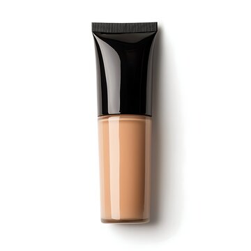 Tube of liquid foundation cosmetic in neutral shade on white background for beauty purposes