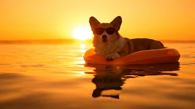 A corgi dog wearing sunglasses floats on an orange inflatable ring in the water during a golden sunset.