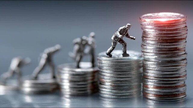 Crimson-highlighted top coin stack visualizes annual bonus differentiation and performance tier progression.