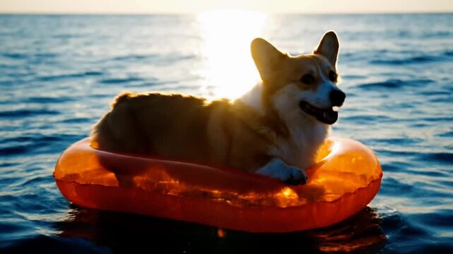 Adorable corgi dog relaxing in an orange inflatable float on the water during a beautiful sunset.
