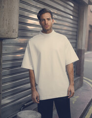 Obraz premium Young man in white t-shirt standing confidently on city street