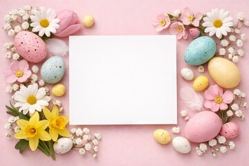 Easter eggs and spring flowers on pink background with blank white card for greeting card design. Minimal holiday concept, copy space