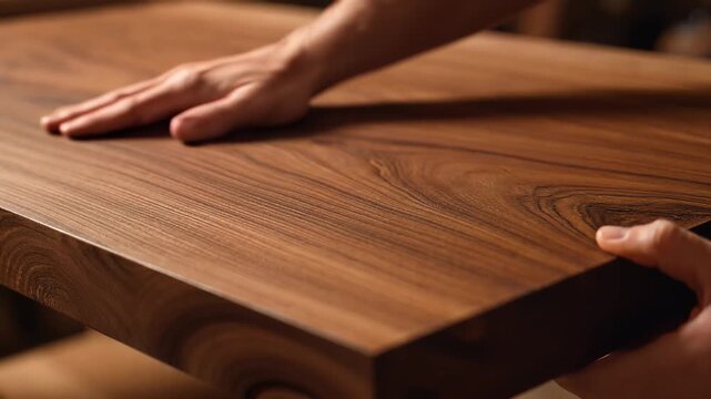 Craftsmans Hand Gently Caressing Smooth Wooden Table Surface in Workshop.