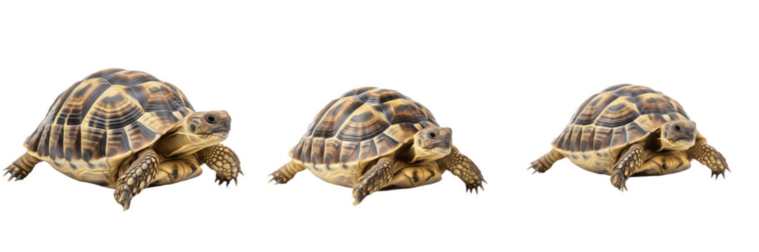 Greek Tortoise (Testudo graeca) Isolated on White Background, Full Body Mediterranean Terrestrial Tortoise Standing on White Floor, Exotic Reptile Cutout, Wildlife Stock Photo Image