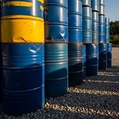 Colorful industrial barrels lined up outdoors in a storage area. 55 gallon