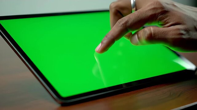 Close-up of a person's hand using a tablet with a green screen for digital content creation