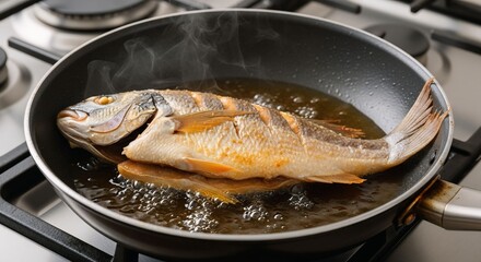 Whole fish frying in hot oil inside a pan on a kitchen stove. Crispy golden skin with bubbling oil and light steam rising. Realistic side view cooking scene in sharp focus.