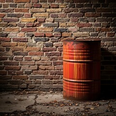 Obraz premium A rustic wooden barrel against an old brick wall backdrop. 55 gallon