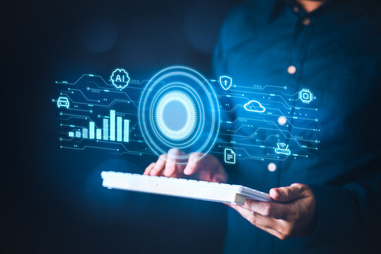Business professional using keyboard with hologram AI interface overlay showing global data analytics cybersecurity and cloud computing in modern enterprise workspace