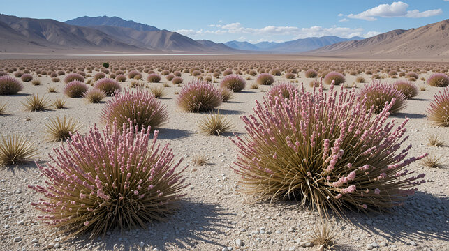 Desert plants in Salar de Uyuni Bolivia. Puna in Altiplano plateau. View Montane grasslands and shrubs biome. Endemic Azorella compacta Yareta. Tussock grass Festuca orthophylla Paja Brava. Tola bush