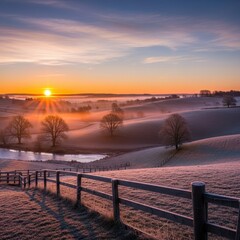 Obraz premium Golden Sunrise Over Misty Hills and Rural Landscape.