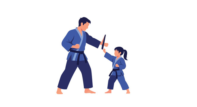A man in a blue gi teaching a young girl martial arts with nunchaku, demonstrating a self-defense technique.
