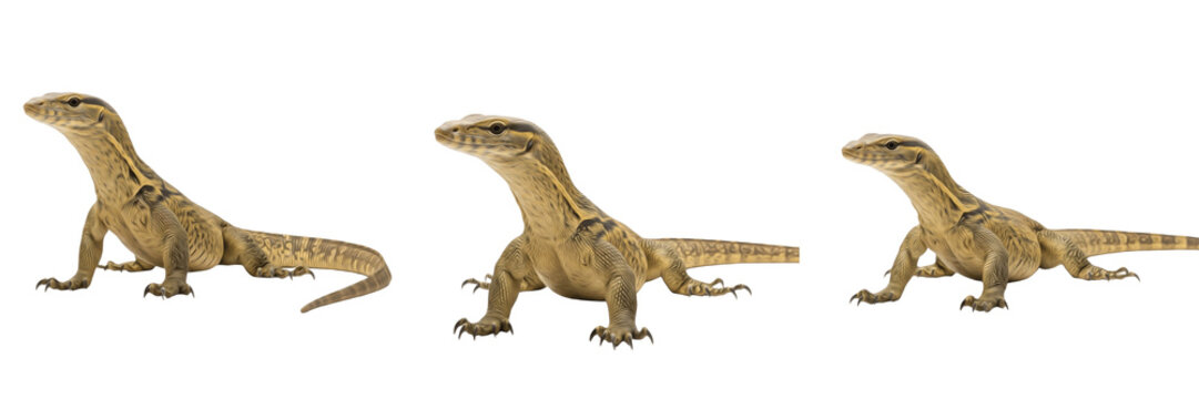 Savannah Monitor (Varanus exanthematicus) Isolated on White Background, Full Body African Terrestrial Monitor Lizard Standing on White Floor, Exotic Reptile Cutout, Wildlife Stock Photo Image
