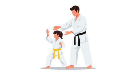Obraz premium A male karate instructor with a black belt teaching a young girl with a yellow belt martial arts in a dojo setting.
