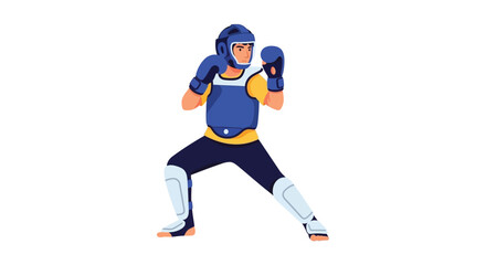 Obraz premium Illustration of a person in full blue and yellow martial arts protective gear, ready for combat or sparring practice.