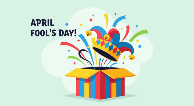 Vibrant April Fool's Day surprise with colorful jester hat popping out of gift box
