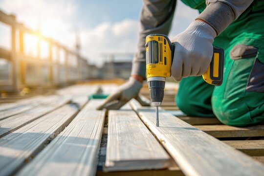 a worker with grey gloves and green overalls is laying down wood planks on top of a silver metal deck. he has a yellow power drill in his hand, and the scene is in bright daylight Generative AI