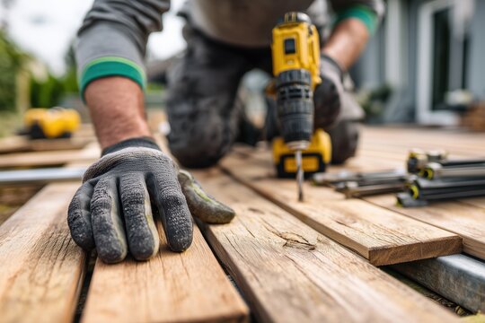 a worker is working on the wooden floor of an outdoor area he has on black gloves and a gray shirt with green accents in his hand, there's a yellow drill and other tools Generative AI