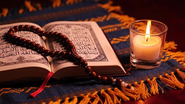 Spiritual moment featuring an open Holy Quran, prayer beads, and a warm glowing candle, suitable for religious education and faith-based media.