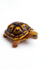 Obraz premium A tiny tortoise, with its protective shell, is slowly walking across a white background