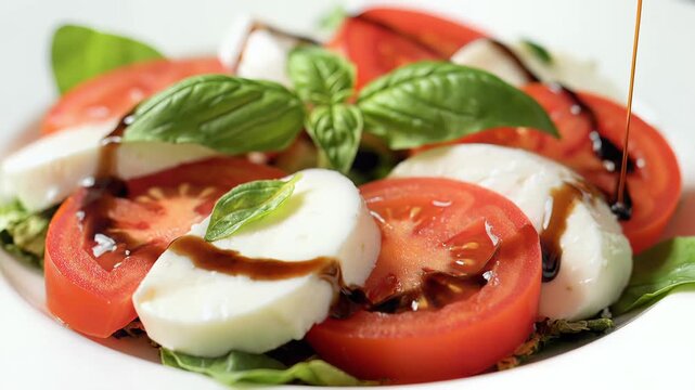 Delicious Caprese Salad with Fresh Tomatoes, Mozzarella, Basil, and Balsamic Glaze.