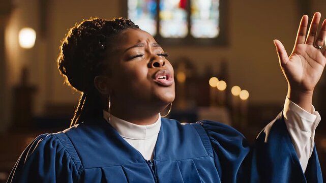 Soulful singer in choir robe performing with passion in church