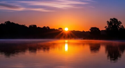 Obraz premium Golden Sunrise Reflection Over Serene Lake - A Tranquil Morning Landscape.