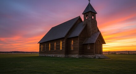 Fototapeta premium Rustic Wooden Church Silhouetted Against a Vibrant Sunset Sky.