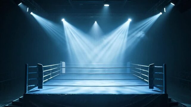 Empty Boxing Ring Dramatic Blue Spotlight Volumetric Fog Professional Combat Sports Training Arena Background