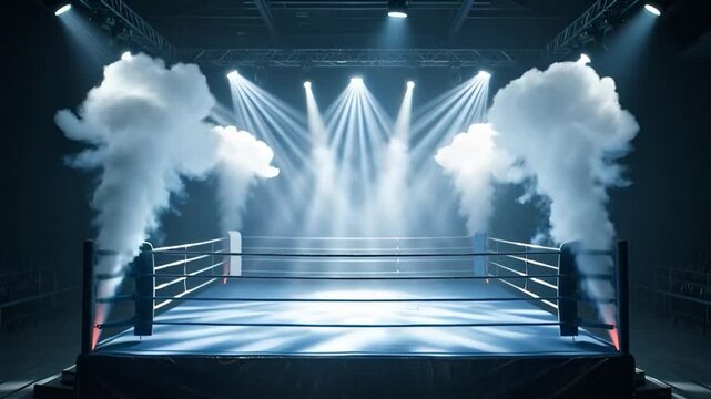 Empty Boxing Ring Dramatic Spotlight Fog Smoke Arena Stadium Interior Professional Combat Sport Fighting Competition Background
