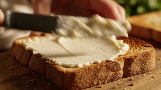 Spreading creamy butter on toasted bread slice with knife, close-up breakfast preparation