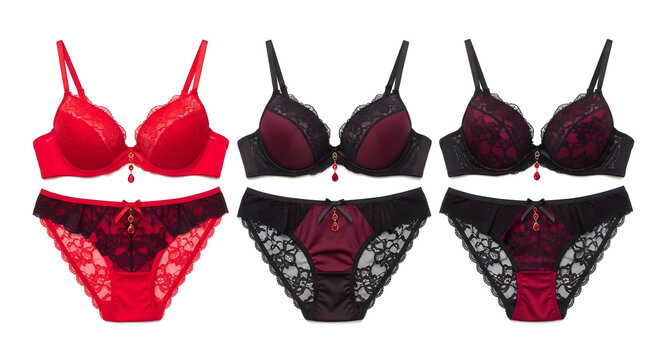 Sensual women's lace and satin lingerie sets in vibrant red and elegant black with burgundy details, featuring matching bras and panties.