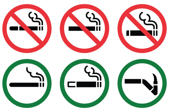 No smoking and vaping vector icon collection, includes smoking, e-cigarette, vape, electronic cigarette, prohibition, forbidden, allowed, and permitted signs, ideal for public areas, educational mater