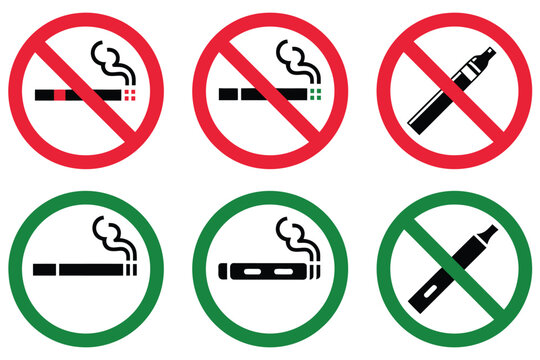 No smoking, smoking, e-cigarette, vape, vaping, electronic cigarette, prohibition, forbidden, allowed, and permitted sign and symbol vector icon set, perfect for hospitals,