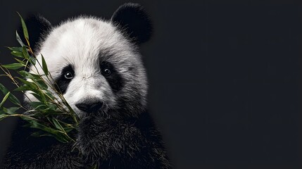 Fototapeta premium Close Up Portrait of Giant Panda Eating Fresh Bamboo Branch