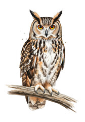 watercolor illustration of a majestic eurasian eagle-owl with vibrant orange eyes and intricate mottled plumage, perched on a branch against a transparent background, concept of powerful wildlife art