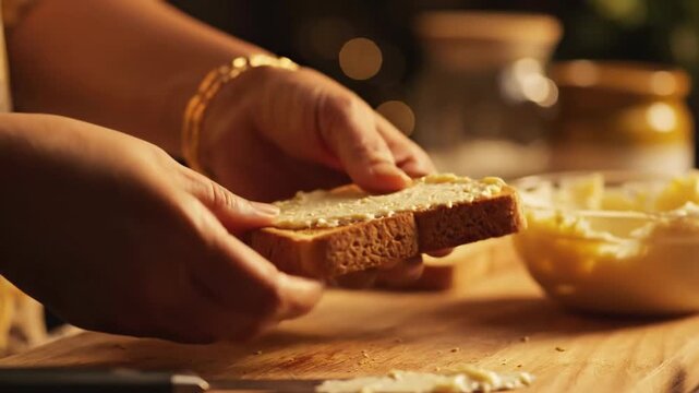 Spreading creamy butter on toasted bread slice for breakfast or snack