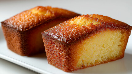 黄金色に焼き上がったしっとりとした質感のフィナンシェ、フランスの伝統的な焼き菓子の断面