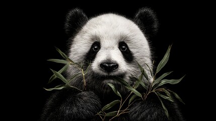 Obraz premium Giant Panda Portrait Holding Bamboo Branch Against Isolated Black Background