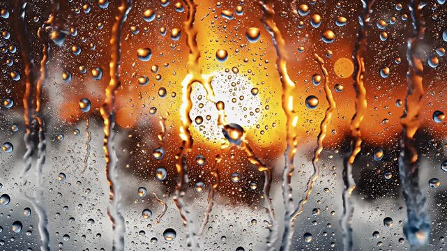 Abstract view of water droplets on glass with warm glowing background