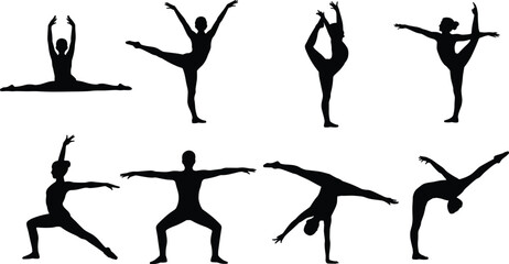 Fototapeta premium Ballet and yoga fitness silhouettes performing elegant balance and flexibility poses, strength training and artistic movement concept, healthy wellness lifestyle illustration isolated on white 