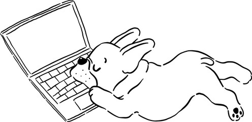 Sleeping Silly french bulldog WFH Outline on laptop hand drawn frenchie derp dog 