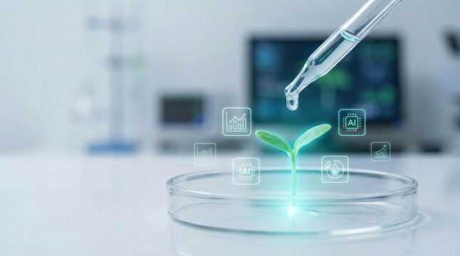 AI driven startup concept. Green plant seedling in a petri dish with a dropper and futuristic data icons.