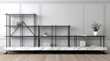 Obraz premium Modern Black Shelving Unit with Marble Base in Minimalist Room