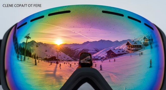 ski goggles reflection mountain landscape sunset.