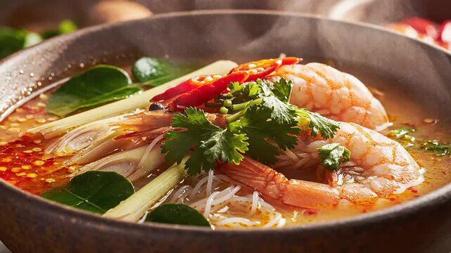 Steaming Bowl of Tom Yum Goong Soup with Shrimp and Herbs