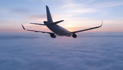 Naklejka premium Rear angle of a commercial airplane cruising high above the clouds at sunset, passenger jet in the sky during golden hour, aviation and air transportation concept, scenic aerial flight view