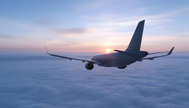 Modern commercial jet flying through clouds at sunset side view of airplane soaring in the sky travel and aviation business concept aerospace transportation vehicle passenger aircraft